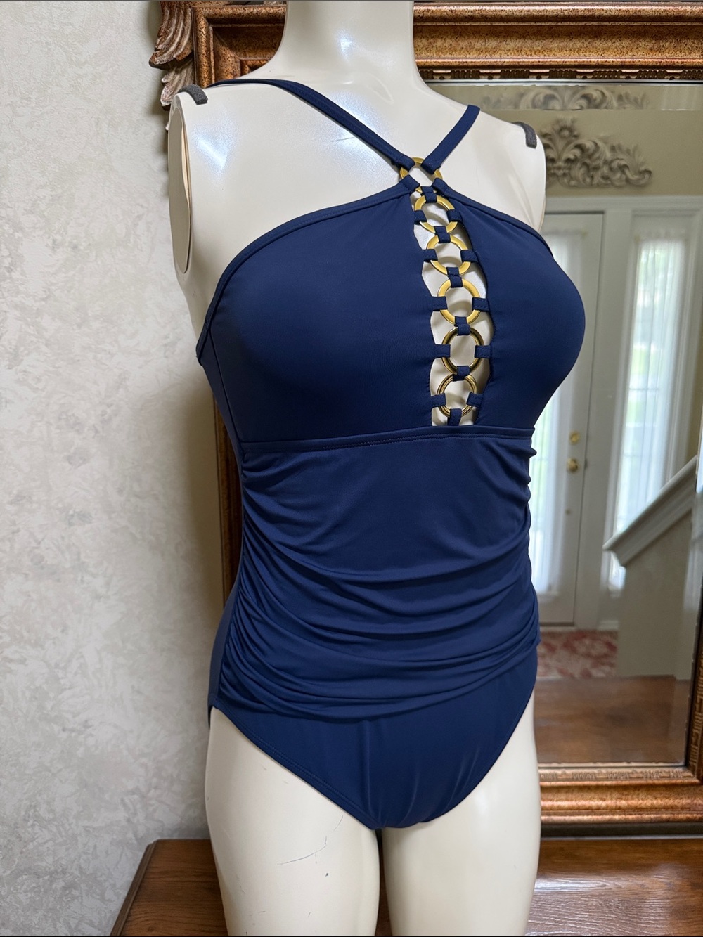 Bleu Rod Beattie Navy One-Piece Swimsuit with Gold Ring Front. Size 8.